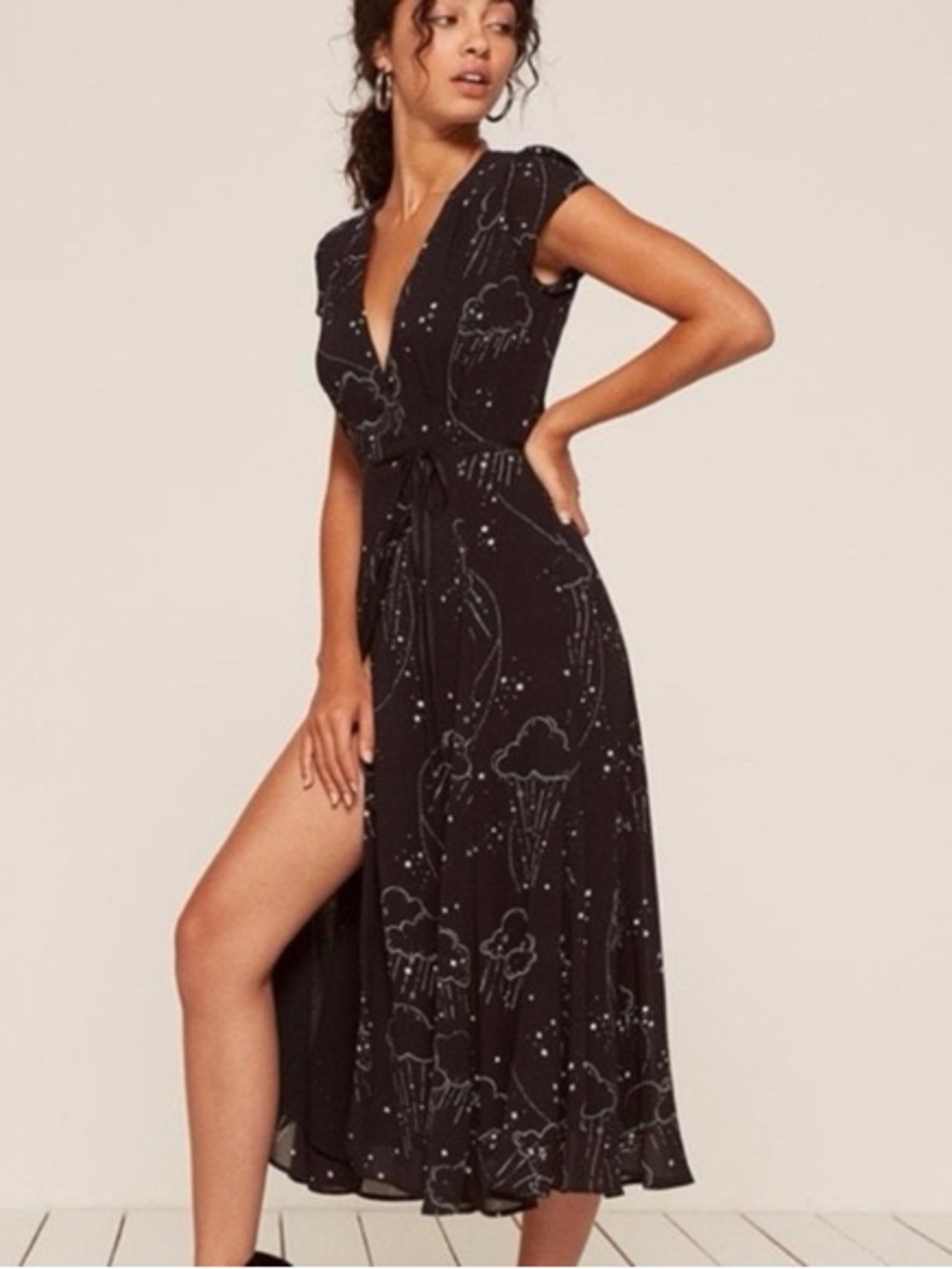 Reformation Black Cloud-Print Wrap Midi Dress